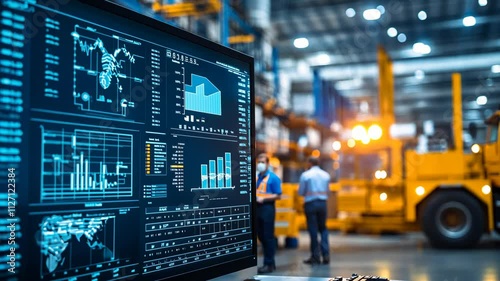 Computer showing production statistics in modern factory with engineers working