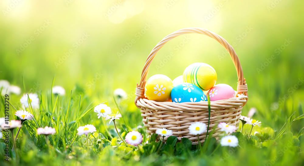 Fototapeta premium Easter Eggs in Wicker Basket with Daisies on Spring Meadow