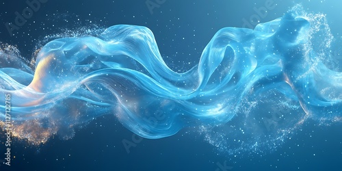 Abstract blue flowing fabric with light particles.