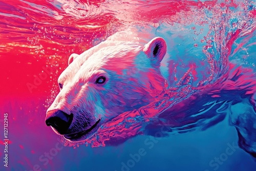 A vibrant pop art depiction of a polar bear swimming underwater in dynamic pink and blue tones with splashes and motion photo