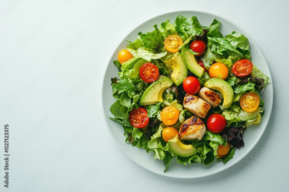 Grilled chicken salad with avocado, cherry tomatoes, and mixed greens. Grilled chicken salad with avocado, cherry tomatoes, and mixed greens.