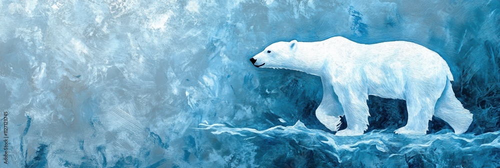 Fototapeta premium A serene icy background featuring textured frost patterns with a subtle, majestic polar bear silhouette walking gracefully