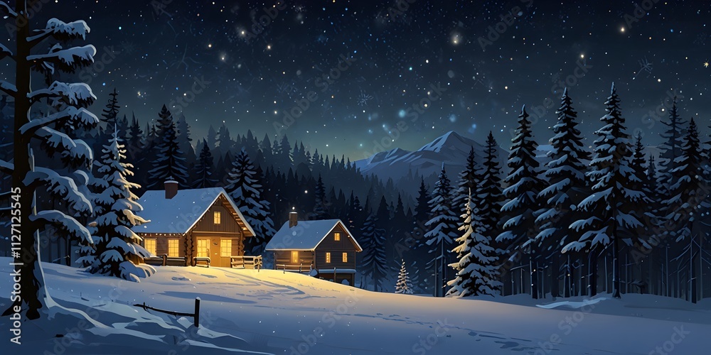 Fototapeta premium Christmas banner featuring a snowy winter landscape, cozy cabins, twinkling stars, and serene mountain views.