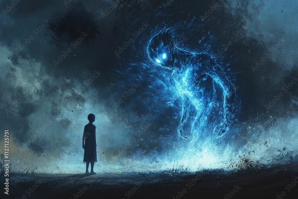 Child observes glowing, ethereal, large figure at night. Child observes glowing, ethereal, large figure at night.