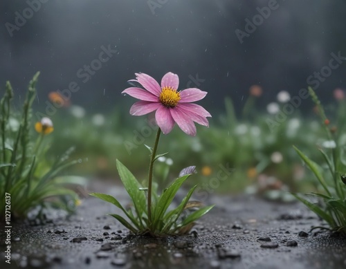 a single wildflower blooms in the rain's kiss, raindrops, petals
