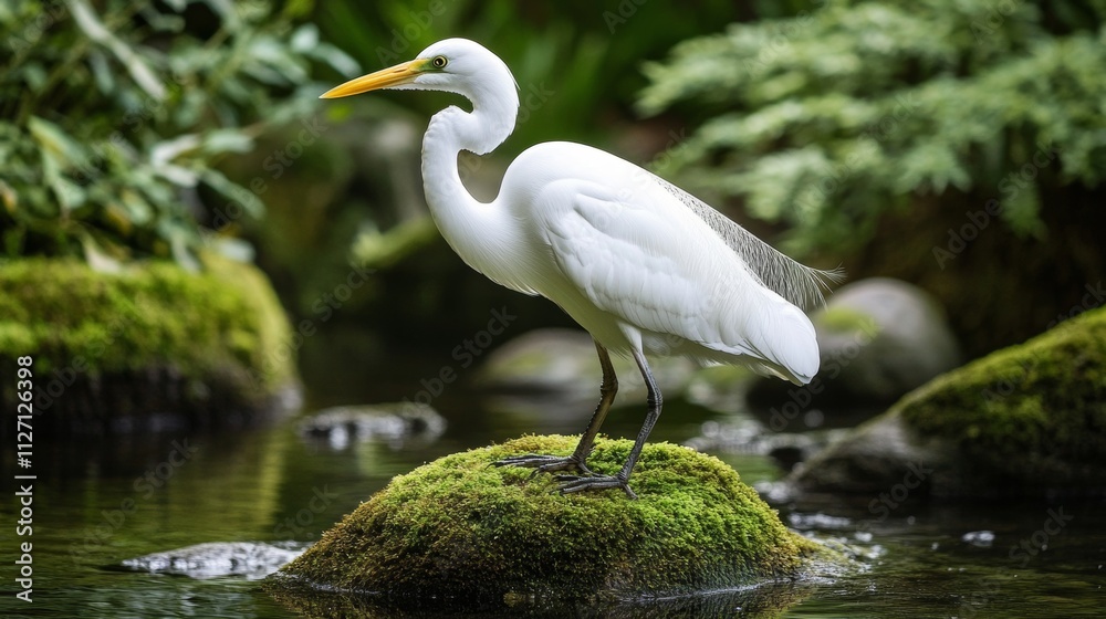 Elegant White Heron Standing on Mossy Rock by Tranquil Water Elegant White Heron Standing on Mossy Rock by Tranquil Water