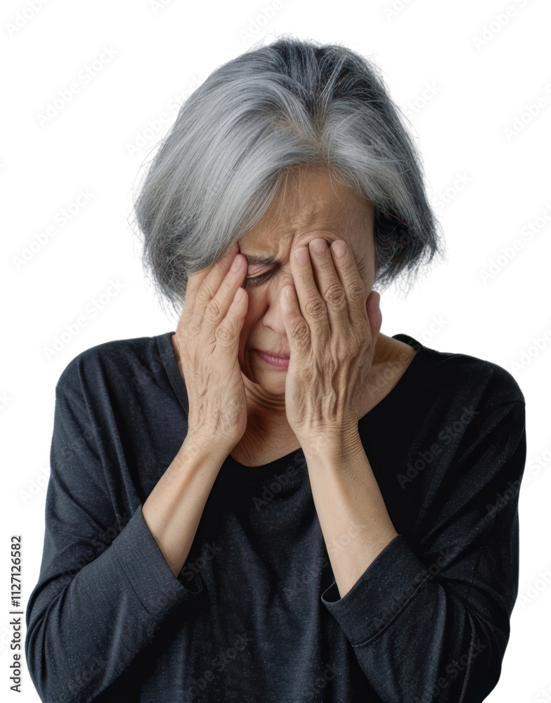 PNG Elderly woman covering face sorrowfully PNG Elderly woman covering face sorrowfully