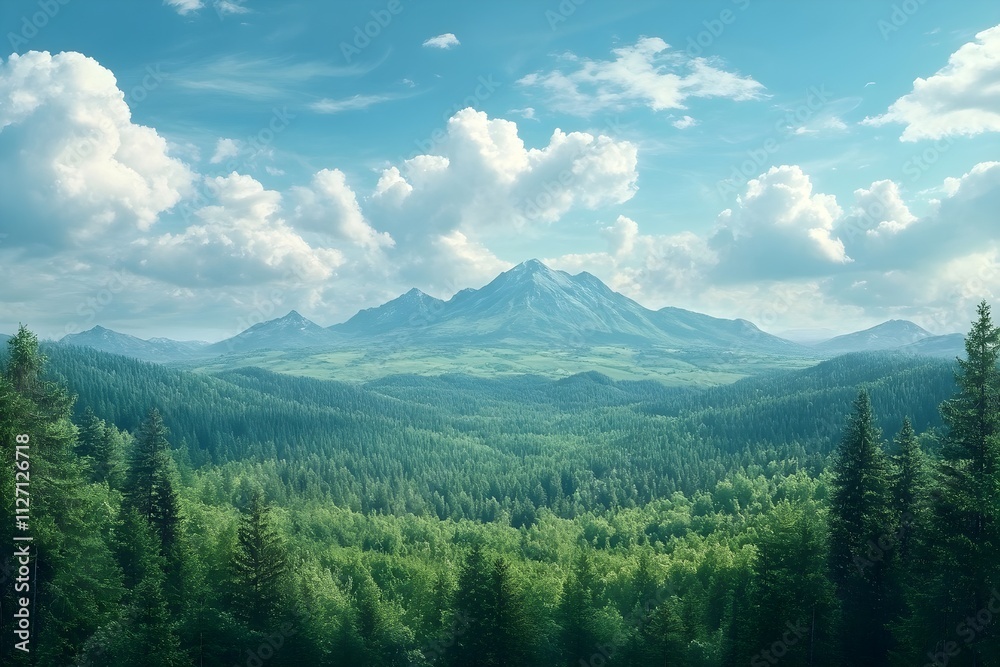 Obraz premium A beautiful open natural landscape aerial view of a wide, tall forest with blue sky and clouds, lots of lush green trees, and mountains in the distance.