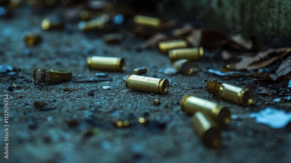 Scattered Bullet Shells on a Dark Ground: A Scene of Violence Scattered Bullet Shells on a Dark Ground: A Scene of Violence