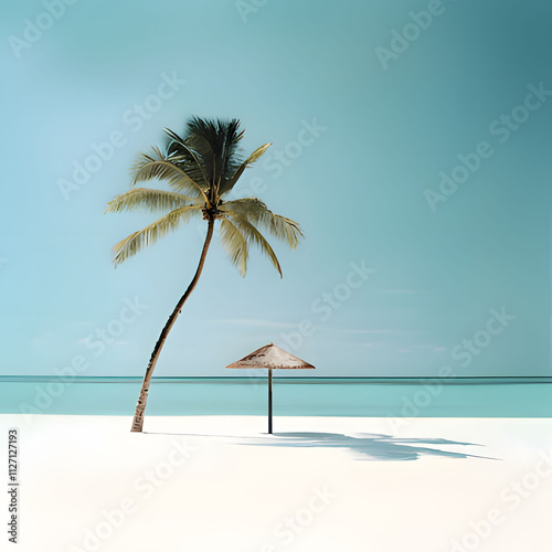 Fototapeta Naklejka Na Ścianę i Meble -  a palm tree on a beach with a beach umbrella in the background. Generative AI