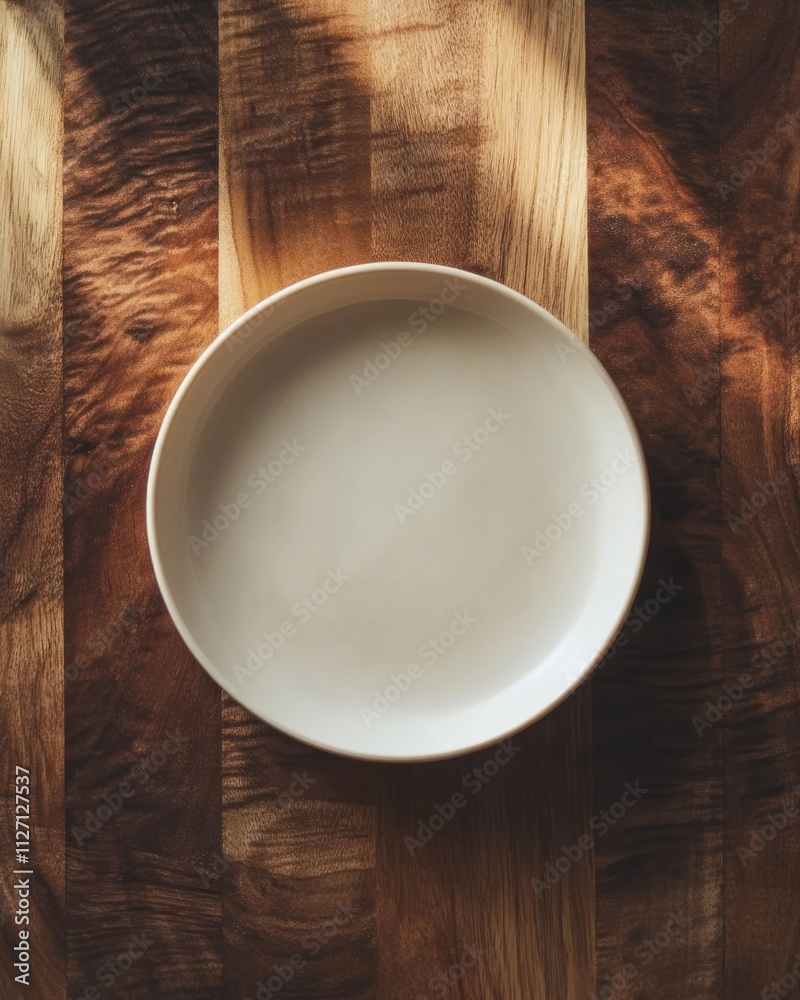A simple, empty plate on a wooden surface, suggesting preparation for a meal. A simple, empty plate on a wooden surface, suggesting preparation for a meal.