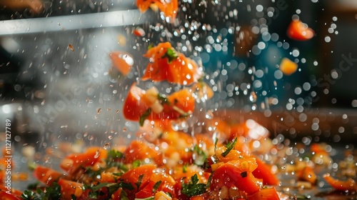 Chopped vegetables flying in motion with water splashes photo