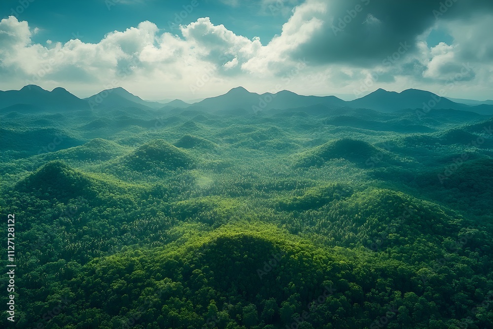 A beautiful open natural landscape aerial view of a wide, tall forest with blue sky and clouds, lots of lush green trees, and mountains in the distance. A beautiful open natural landscape aerial view of a wide, tall forest with blue sky and clouds, lots of lush green trees, and mountains in the distance.