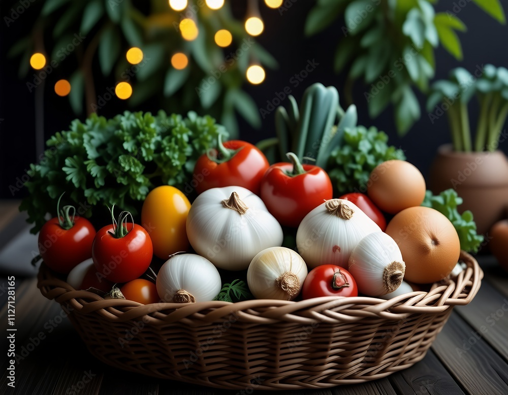 Fresh Harvest Tomatoes Onions Garlic in Basket Fresh Harvest Tomatoes Onions Garlic in Basket