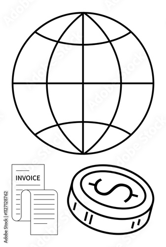 Globe icon representing global connectivity, currency coin indicating finance, and invoice document. Ideal for international trade, global business, finance, e-commerce, accounting, economics photo