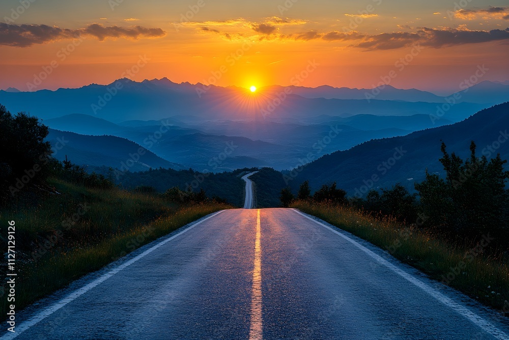 This is a landscape photo showing a beautiful and emotional red sunset with a road over a hill and mountains in the distance. This is a landscape photo showing a beautiful and emotional red sunset with a road over a hill and mountains in the distance.