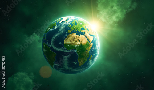the model of the planet Earth with forests and seas among in space against the background of the sun , the concept of environmental protection and peace