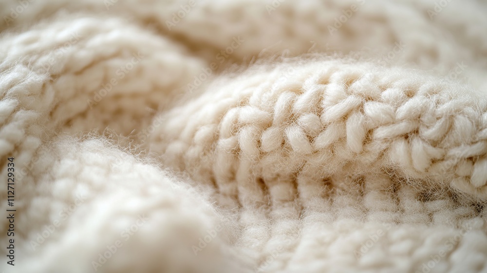 Close-up of creamy white knitted fabric texture, showing intricate stitch detail and soft, fluffy yarn. Close-up of creamy white knitted fabric texture, showing intricate stitch detail and soft, fluffy yarn.