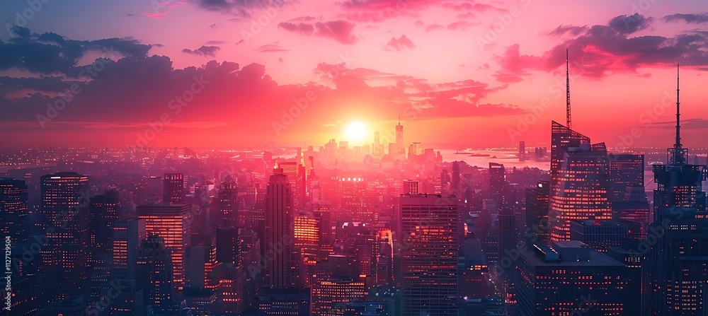Fototapeta premium Vibrant sunset casts warm pink and orange light over a sprawling city skyline.