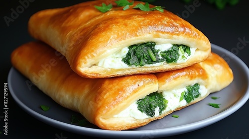 Soft Armenian boreg pastries filled with cheese, spinach, and herbs, ready to be torn apart. photo