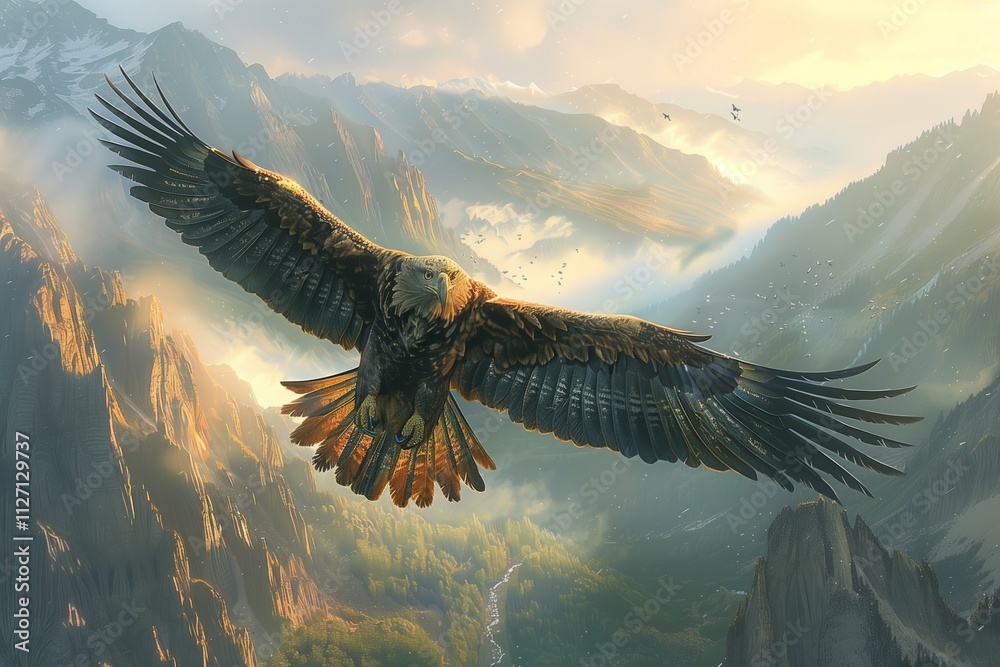 Obraz premium Majestic eagle soaring above breathtaking mountainous landscape at sunset.