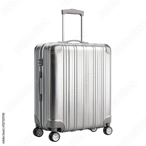 a silver suitcase with wheels 3d render icon isolated on transparent background cutout photo