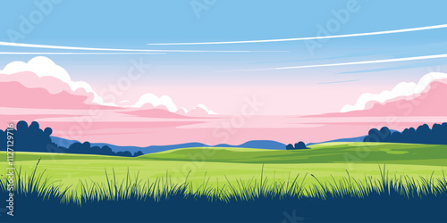 Spring landscape with green hills, meadows and pastures. Sunrise in the background. Vector panorama.