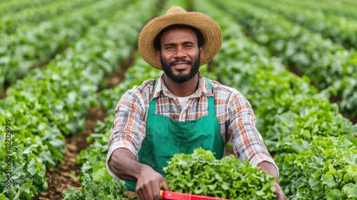 Farmer Using Hand Cultivator in Lush Green Field