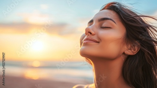 A smiling latin woman with long flowing hair is relaxing by the ocean at sunset. She closes her eyes, basking in the warm glow of the fading sun, embracing tranquility and serenity in the moment