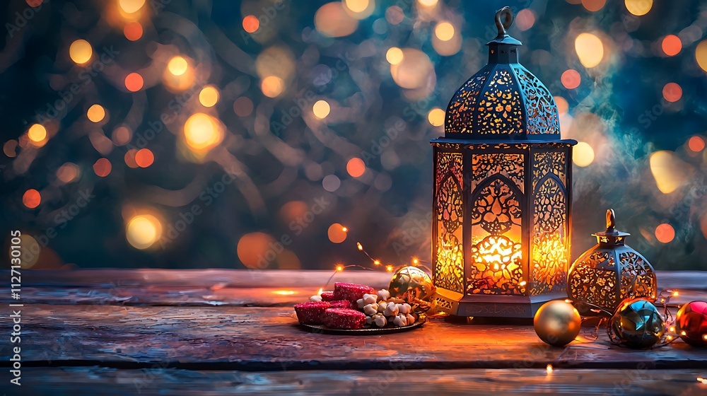 Festive lantern with ornaments and sweets on wooden table. Festive lantern with ornaments and sweets on wooden table.