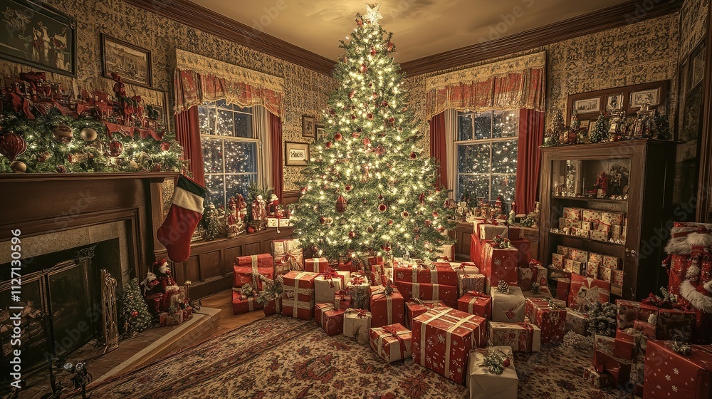 Christmas gift boxes front of a Christmas tree with so many lighting and ornaments in cozy room setting Christmas gift boxes front of a Christmas tree with so many lighting and ornaments in cozy room setting