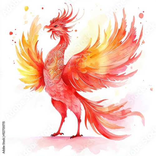 vibrant Chinese phoenix in bold watercolor, showcasing fiery colors and intricate patterns photo