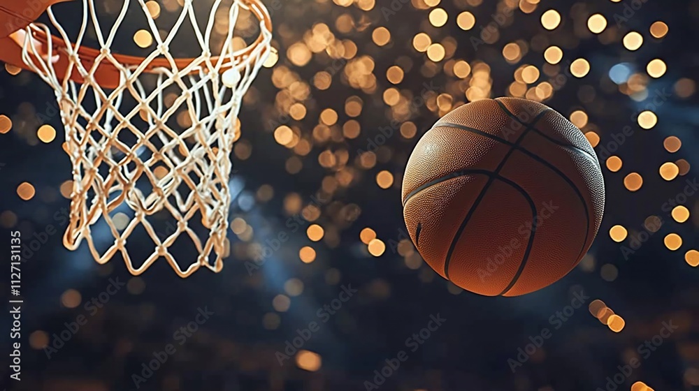 Basketball flying towards hoop in arena. Basketball flying towards hoop in arena.