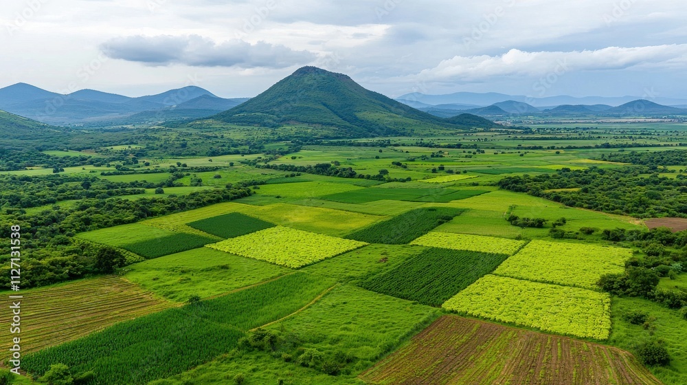 Obraz premium Green Fields and Mountain Landscape for Sustainable Farming