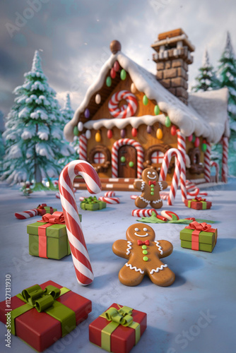 A festive winter scene featuring a decorated gingerbread house surrounded by snow, candy canes, colorful gift boxes, and smiling gingerbread men, set against a background of snow-covered pine trees un photo