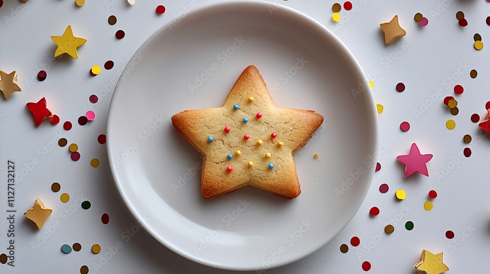 Gleaming Gold Star Cookie on White Plate with Confetti - Elegant and Vibrant Stock Photo Gleaming Gold Star Cookie on White Plate with Confetti - Elegant and Vibrant Stock Photo
