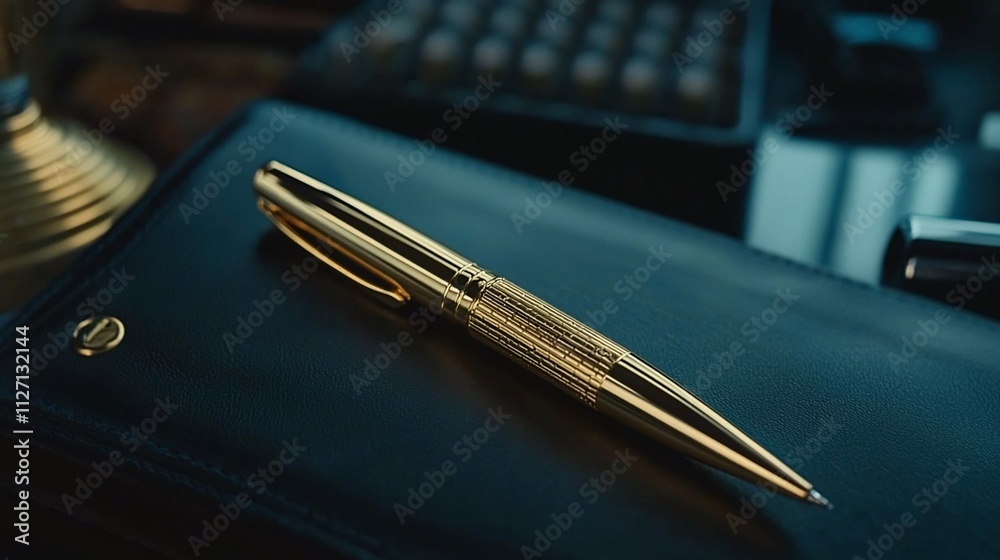 Gold pen on black leather wallet, close-up. Gold pen on black leather wallet, close-up.