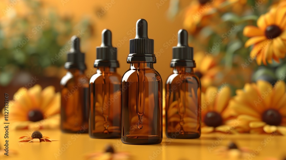 Amber Glass Dropper Bottles, Pipette Bottles on Orange Background With Black Lids, and Copy Space. Amber Glass Dropper Bottles, Pipette Bottles on Orange Background With Black Lids, and Copy Space.
