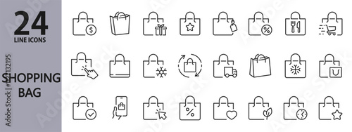 Shopping Bag line icons set with Bag, Discount, Delivery, Cart, Retail, Gift, Commerce, Present, Pocket and more. Editable Stroke
