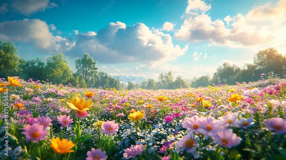 Fototapeta premium Panorama of spring flowers in the field or garden