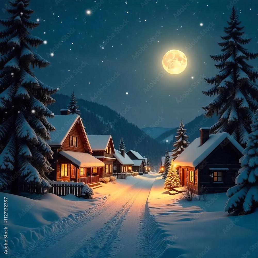 Fototapeta premium a snowy scene with a house and a full moon in the background.