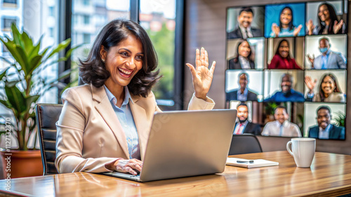 Happy Business Women Meeting Team Discussion Conversation Collaboration Office Desk Female People Employees Colleagues Smile Productivity online meeting zoom