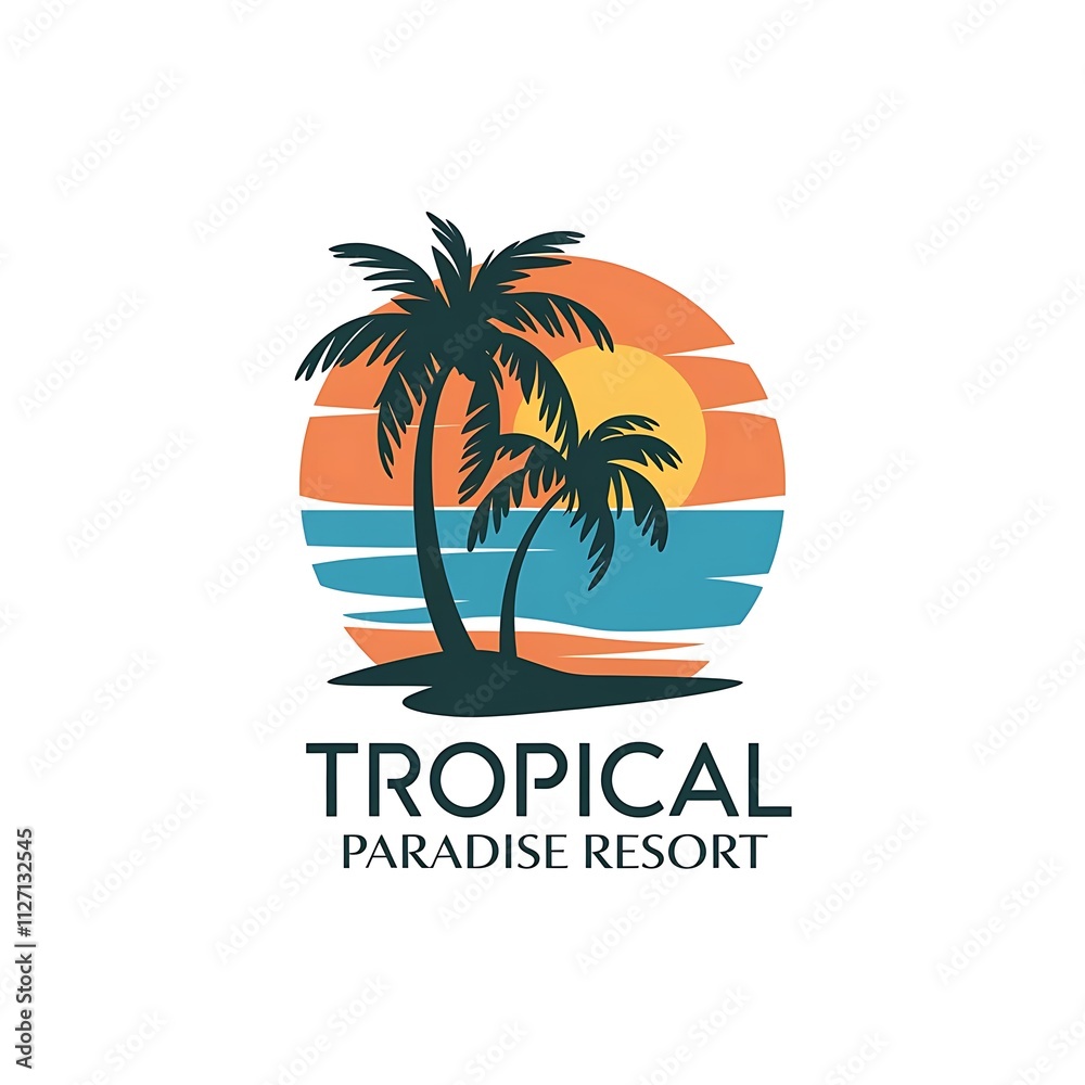 Naklejka premium Tropical Paradise Resort Logo Featuring Palm Trees and Sunset