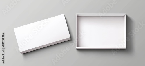 Mockup of a white cardboard box with an open lid in top angle view. Modern illustration of a blank carton package with a cover for delivery or gift concept.