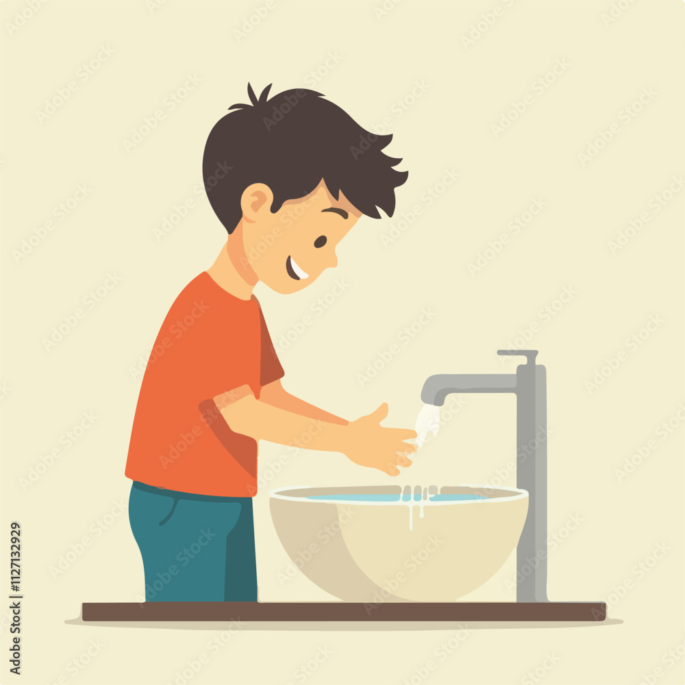 Kids hand washing illustration vector design, Boy Washing Hand in basin Kids hand washing illustration vector design, Boy Washing Hand in basin