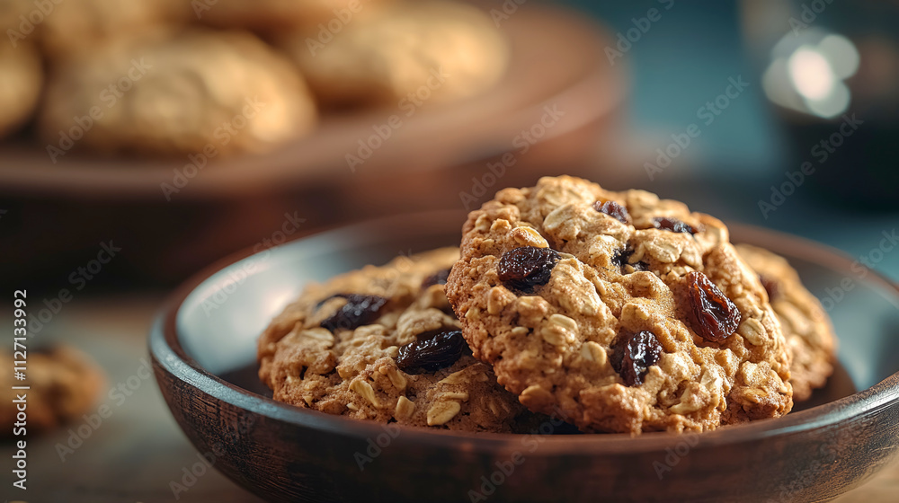 Deliciously baked oatmeal raisin cookies displayed on a rustic plate, showcasing intricate textures and warm, cinematic lighting that enhances their wholesome appeal for an inviting evening treat Deliciously baked oatmeal raisin cookies displayed on a rustic plate, showcasing intricate textures and warm, cinematic lighting that enhances their wholesome appeal for an inviting evening treat