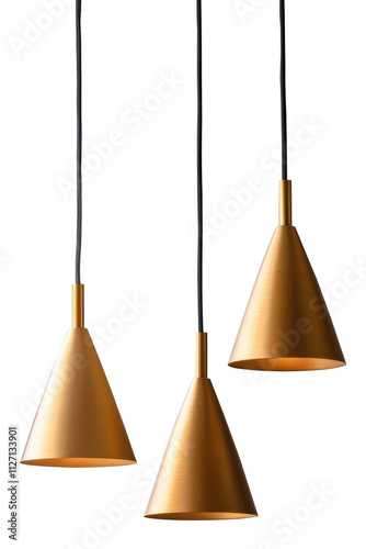 Elegant gold cone-shaped pendant lamps with a modern design, featuring sleek black cords and luxurious metallic finish. Perfect for stylish interior lighting. Isolated on transparent background, png. photo