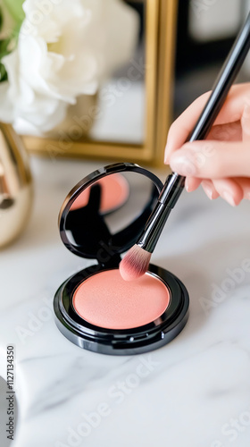 Crafting a radiant look by softly dusting a makeup brush in a blush compact amidst a bright, elegant bathroom counter setting