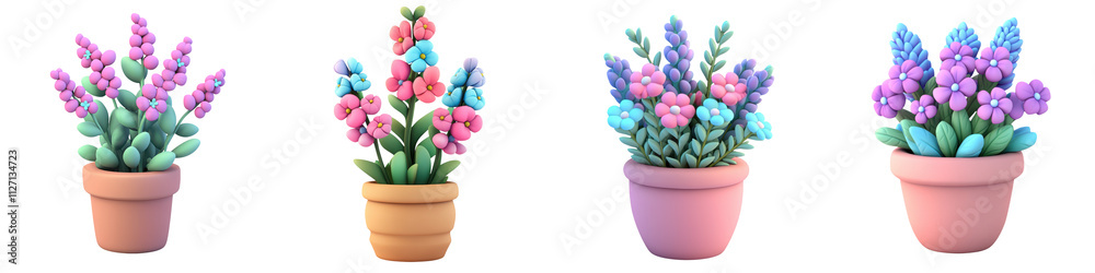 Obraz premium A collection of colorful potted flowers arranged in different styles, showcasing vibrant blooms and lush green leaves.