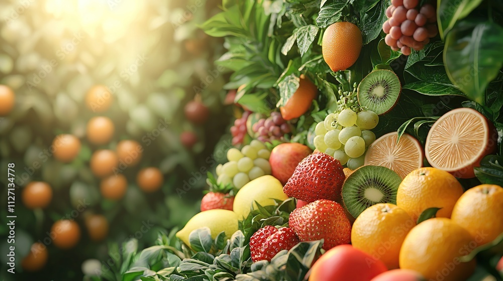 Vibrant assortment of fresh fruits including oranges, strawberries, kiwi, grapes, and lemons, bathed in sunlight. Vibrant assortment of fresh fruits including oranges, strawberries, kiwi, grapes, and lemons, bathed in sunlight.